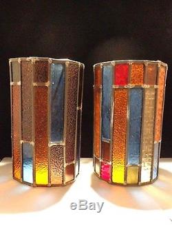 2 Vintage Lamp Shades Lead Stained Glass Cylinder Multi Color HAND MADE