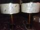 2 Vintage Mid Century Modern Table Lamps. Teak W Orig Fiber Shades