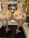 2 Vintage Metal Rose Gold Boudoir Lamps Victorian Revival Fringed Shades 28 In