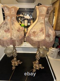 2 Vintage Metal Rose Gold Boudoir Lamps Victorian Revival Fringed Shades 28 In