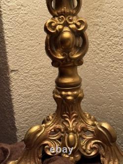 2 Vintage Metal Rose Gold Boudoir Lamps Victorian Revival Fringed Shades 28 In