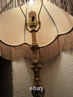 2 Vintage Metal Rose Gold Boudoir Lamps Victorian Revival Fringed Shades 28 In
