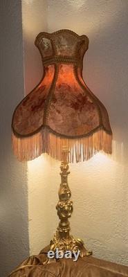 2 Vintage Metal Rose Gold Boudoir Lamps Victorian Revival Fringed Shades 28 In