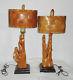 2 Vintage Mid Century Mod Cypress Knee Table Lamps W Basket Weave Wood Shades