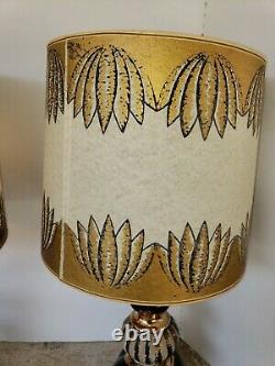 2 Vintage Mid Century Modern Table Lamp Black & Gold ORIGINAL Fiberglass Shades