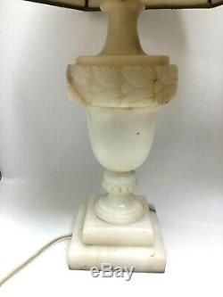 2 Vintage Neoclassical Italian White Alabaster Marble Urn Lamp Original Shades