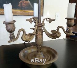 2 Vintage Pair Empire Style Brass Swans Bouillotte LAMPS Adjustable Metal Shades