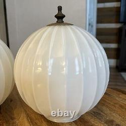 2 Vintage Ribbed Scallop White Milk Glass Round Ball Light Globe Shades MCM 8