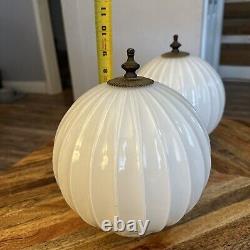 2 Vintage Ribbed Scallop White Milk Glass Round Ball Light Globe Shades MCM 8