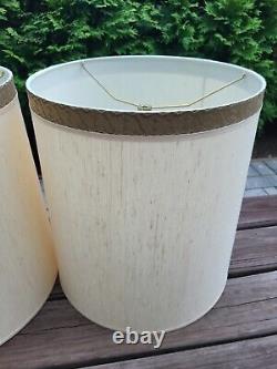 2-Vintage STIFFEL Mid Century Drum Barrel Lamp Shades Linen Ivory Cream 17 Tall