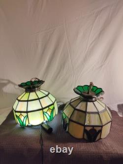 2 Vintage Slag Glass Stain Glass Lamp Shade Hanging Light Fixtures Green 10