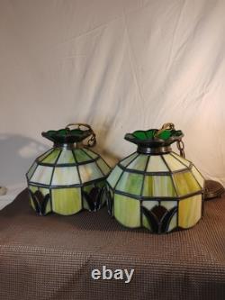 2 Vintage Slag Glass Stain Glass Lamp Shade Hanging Light Fixtures Green 10