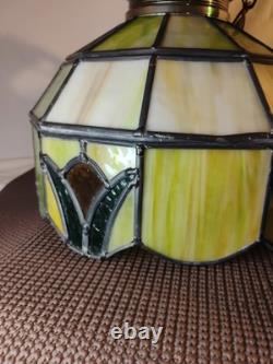2 Vintage Slag Glass Stain Glass Lamp Shade Hanging Light Fixtures Green 10