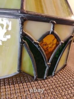 2 Vintage Slag Glass Stain Glass Lamp Shade Hanging Light Fixtures Green 10