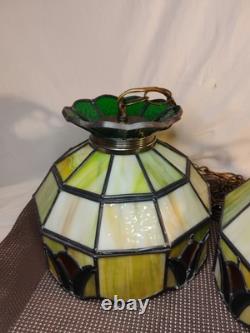 2 Vintage Slag Glass Stain Glass Lamp Shade Hanging Light Fixtures Green 10