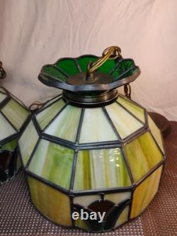 2 Vintage Slag Glass Stain Glass Lamp Shade Hanging Light Fixtures Green 10