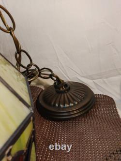 2 Vintage Slag Glass Stain Glass Lamp Shade Hanging Light Fixtures Green 10
