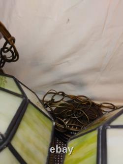 2 Vintage Slag Glass Stain Glass Lamp Shade Hanging Light Fixtures Green 10