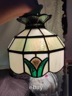 2 Vintage Slag Glass Stain Glass Lamp Shade Hanging Light Fixtures Green 10
