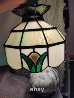 2 Vintage Slag Glass Stain Glass Lamp Shade Hanging Light Fixtures Green 10