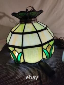 2 Vintage Slag Glass Stain Glass Lamp Shade Hanging Light Fixtures Green 10