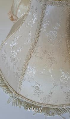 2 Vintage Victorian Floral Brocade Off White Satin Lamp Shade With Fringe 17x11