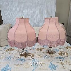 2 Vintage Victorian Fringed Pink Brocade Lamp Shades