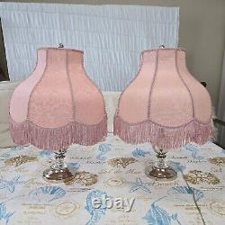 2 Vintage Victorian Fringed Pink Brocade Lamp Shades