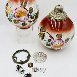2 Vintage Victorian Red Floral Glass Lamp Globe Ball Shade Set Kit Free Ship