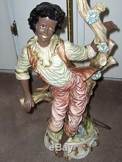 2 Vntg Capodimonte Table Lamps Figural African-American Italy Shades Not Includ