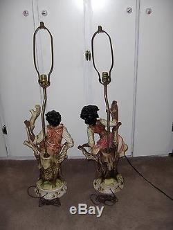2 Vntg Capodimonte Table Lamps Figural African-American Italy Shades Not Includ