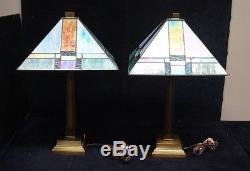 2 Vtg Dale Tiffany Mission Style Lamps Slag Glass Shade Accent Table Light Brass