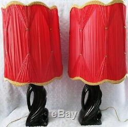 2 Vtg Hollywood Regency MCM Abstract BLACK CERAMIC Table Lamps PINCH PLEAT SHADE