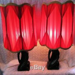 2 Vtg Hollywood Regency MCM Abstract BLACK CERAMIC Table Lamps PINCH PLEAT SHADE