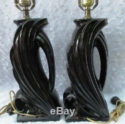 2 Vtg Hollywood Regency MCM Abstract BLACK CERAMIC Table Lamps PINCH PLEAT SHADE