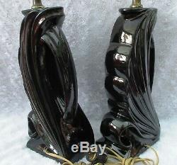 2 Vtg Hollywood Regency MCM Abstract BLACK CERAMIC Table Lamps PINCH PLEAT SHADE