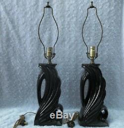 2 Vtg Hollywood Regency MCM Abstract BLACK CERAMIC Table Lamps PINCH PLEAT SHADE