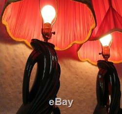 2 Vtg Hollywood Regency MCM Abstract BLACK CERAMIC Table Lamps PINCH PLEAT SHADE