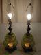 2 Vtg Midcentury Retro 1970 Ef Ef Industries Green Glass Table Lamps No Shade