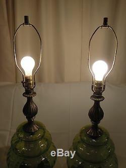 2 Vtg MIDCENTURY RETRO 1970 EF EF INDUSTRIES Green Glass Table Lamps No Shade