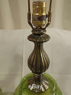 2 Vtg MIDCENTURY RETRO 1970 EF EF INDUSTRIES Green Glass Table Lamps No Shade
