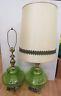 2 Vtg Midcentury Retro 1970 Ef Ef Industries Green Glass Table Lamps With Shade
