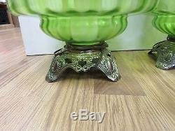 2 Vtg MIDCENTURY RETRO 1970 EF EF INDUSTRIES Green Glass Table Lamps with Shade