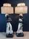2 Vtg Nubian Arabian Chalkware Lamp W Fiberglass 2 Tiered Shades Couple Set Pair