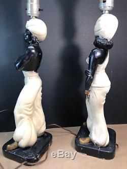 2 Vtg Nubian Arabian Chalkware Lamp w Fiberglass 2 tiered shades Couple Set Pair