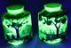 2 Vtg Vaseline Uranium Hand Painted Forest Scene Light Fixture Sconce Lamp Shade