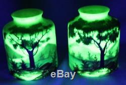 2 Vtg Vaseline Uranium Hand Painted Forest Scene Light Fixture Sconce Lamp Shade