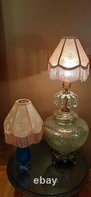 2 Vtg Victorian Pink Floral Design with Fringe Lamp Light Shades