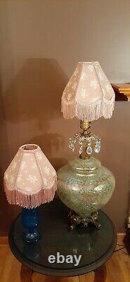 2 Vtg Victorian Pink Floral Design with Fringe Lamp Light Shades