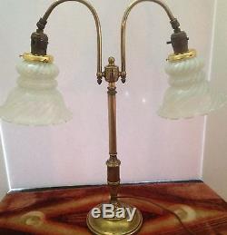 2 arm Vintage Lamp art glass shades Handel Tiffany arts & crafts brass base